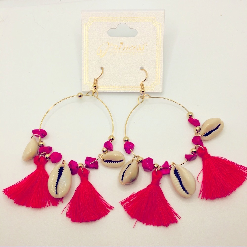 EARRINGS BOHO TASSELS DEEP PINK, purple stones! - Picture 1 of 9